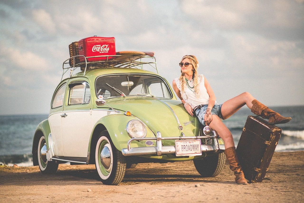 woman, model, hippie, fashion, style, nature, car wallpapers, stylish woman, volkswagen, beetle, car, classic, vintage, automobile, automotive, beach, sand, seashore, vehicle, classic car, boots, leather boots, modeling, pose, posing